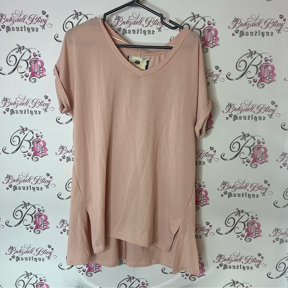 Cupio Blush V-Neck Tunic Top pink lightweight tee shirt tshirt light baby pink